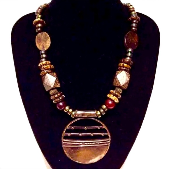 Antique African Tribal Ethnic Copper Pendant w/ Wood & Hematite Beaded N… - Picture 1 of 4